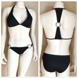 Victoria’s Secret Black 2 piece Bikini Rhinestone Jeweled Swimsuit Sz Sm Med